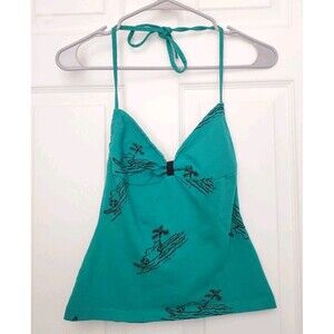 1970s STAR FERRY MICHAEL MILEA Betsey Johnson Aqua Beach Palm Halter Top Sz S